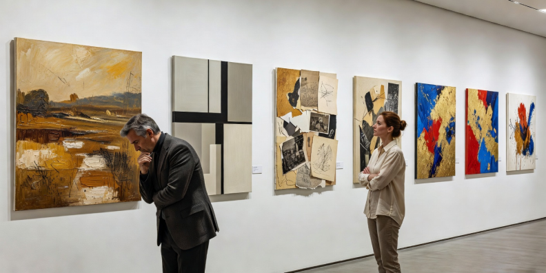 Artworks displayed in a gallery for close viewing and comparison.