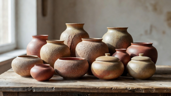 Ceramic pottery with rounded forms and textured surfaces.