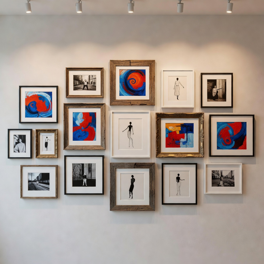 Framed pictures arranged together on a gallery wall.