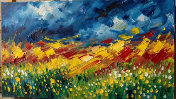 Painted artwork showing its colours and brushwork.