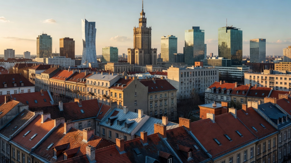 Warsaw city architecture and rooftops.